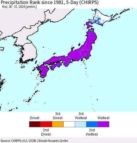 Japan Precipitation Rank since 1981, 5-Day (CHIRPS) Thematic Map For 5/26/2024 - 5/31/2024
