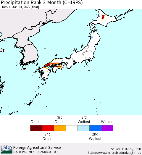 Japan Precipitation Rank since 1981, 2-Month (CHIRPS) Thematic Map For 12/1/2021 - 1/31/2022