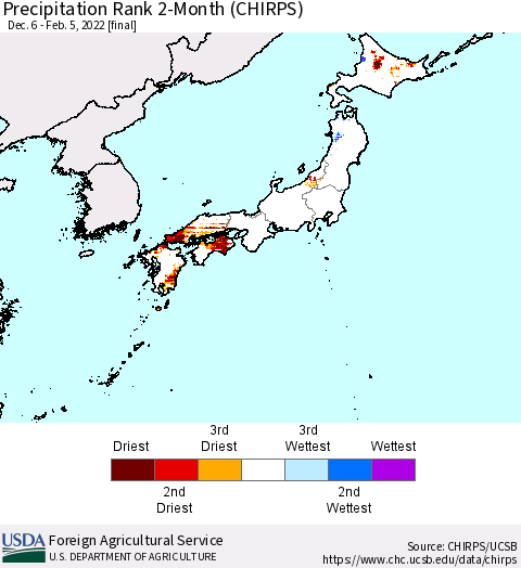 Japan Precipitation Rank since 1981, 2-Month (CHIRPS) Thematic Map For 12/6/2021 - 2/5/2022