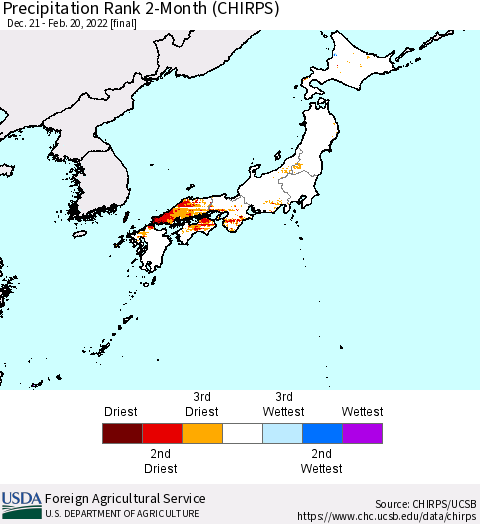 Japan Precipitation Rank since 1981, 2-Month (CHIRPS) Thematic Map For 12/21/2021 - 2/20/2022