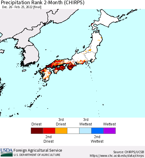 Japan Precipitation Rank since 1981, 2-Month (CHIRPS) Thematic Map For 12/26/2021 - 2/25/2022
