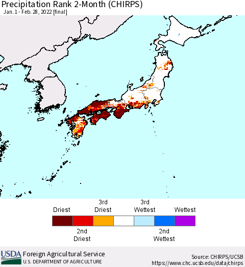 Japan Precipitation Rank since 1981, 2-Month (CHIRPS) Thematic Map For 1/1/2022 - 2/28/2022