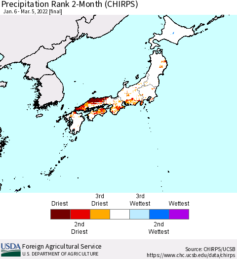 Japan Precipitation Rank since 1981, 2-Month (CHIRPS) Thematic Map For 1/6/2022 - 3/5/2022