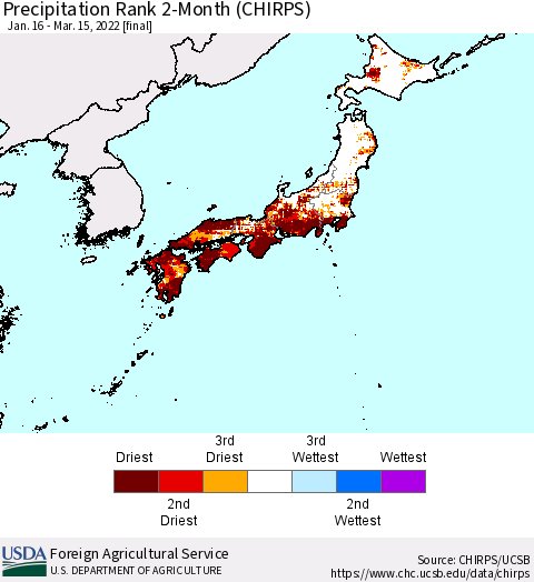 Japan Precipitation Rank since 1981, 2-Month (CHIRPS) Thematic Map For 1/16/2022 - 3/15/2022