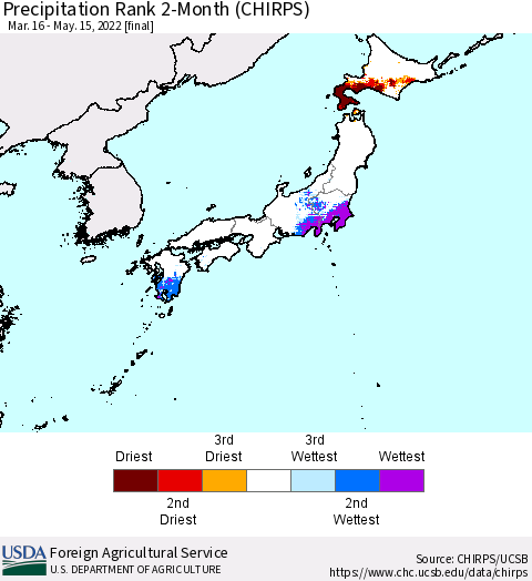Japan Precipitation Rank since 1981, 2-Month (CHIRPS) Thematic Map For 3/16/2022 - 5/15/2022