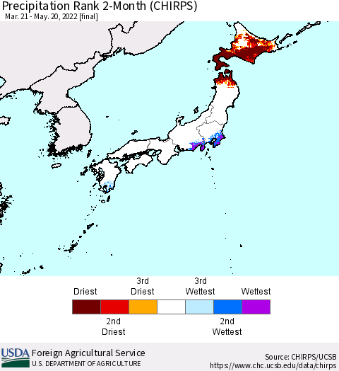 Japan Precipitation Rank since 1981, 2-Month (CHIRPS) Thematic Map For 3/21/2022 - 5/20/2022