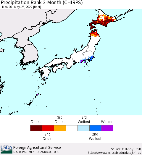 Japan Precipitation Rank since 1981, 2-Month (CHIRPS) Thematic Map For 3/26/2022 - 5/25/2022