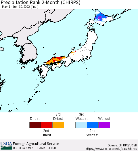 Japan Precipitation Rank since 1981, 2-Month (CHIRPS) Thematic Map For 5/1/2022 - 6/30/2022