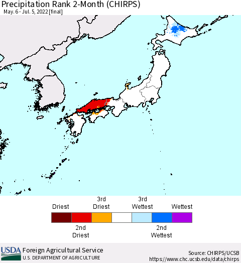 Japan Precipitation Rank since 1981, 2-Month (CHIRPS) Thematic Map For 5/6/2022 - 7/5/2022