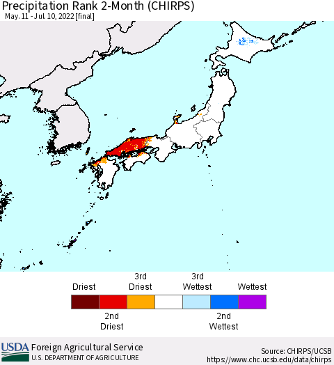 Japan Precipitation Rank since 1981, 2-Month (CHIRPS) Thematic Map For 5/11/2022 - 7/10/2022