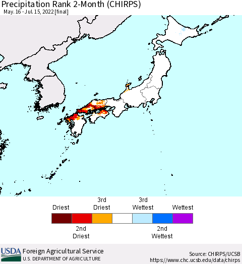 Japan Precipitation Rank since 1981, 2-Month (CHIRPS) Thematic Map For 5/16/2022 - 7/15/2022
