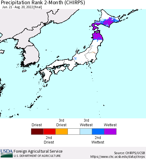 Japan Precipitation Rank since 1981, 2-Month (CHIRPS) Thematic Map For 6/21/2022 - 8/20/2022