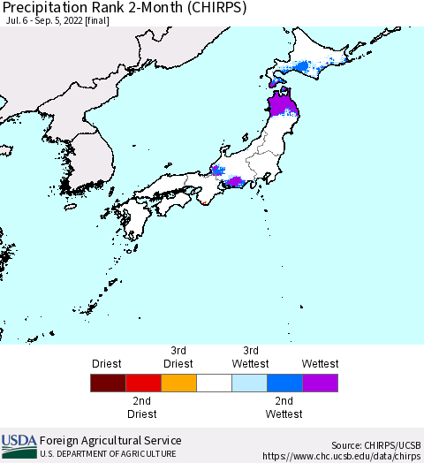 Japan Precipitation Rank since 1981, 2-Month (CHIRPS) Thematic Map For 7/6/2022 - 9/5/2022