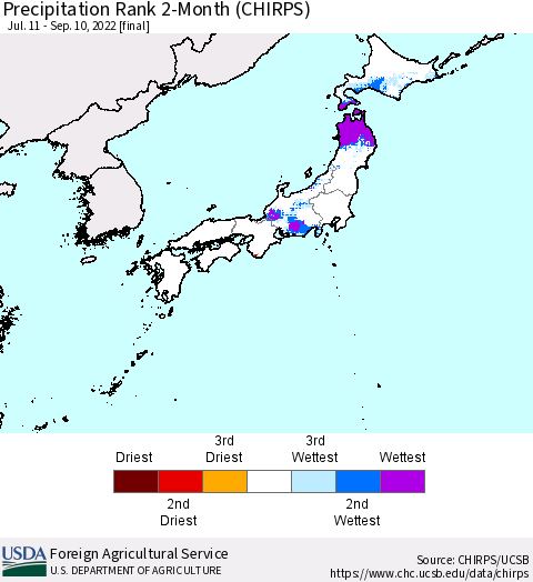 Japan Precipitation Rank since 1981, 2-Month (CHIRPS) Thematic Map For 7/11/2022 - 9/10/2022