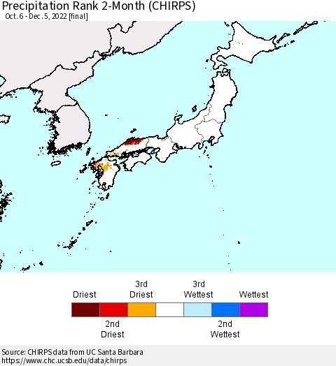 Japan Precipitation Rank since 1981, 2-Month (CHIRPS) Thematic Map For 10/6/2022 - 12/5/2022