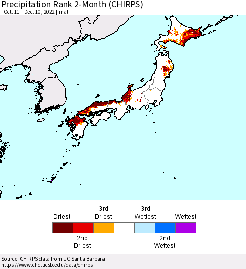 Japan Precipitation Rank since 1981, 2-Month (CHIRPS) Thematic Map For 10/11/2022 - 12/10/2022