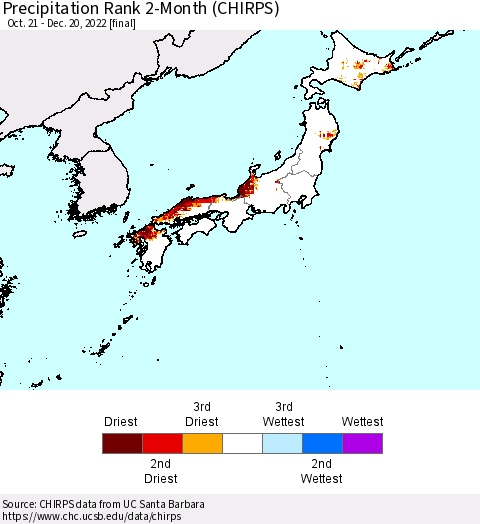 Japan Precipitation Rank since 1981, 2-Month (CHIRPS) Thematic Map For 10/21/2022 - 12/20/2022