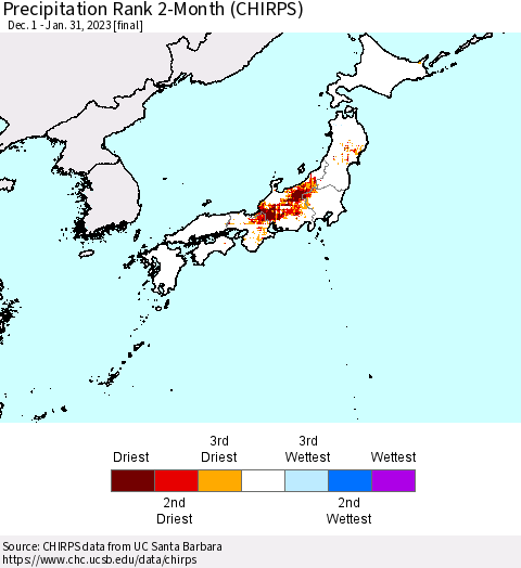 Japan Precipitation Rank since 1981, 2-Month (CHIRPS) Thematic Map For 12/1/2022 - 1/31/2023