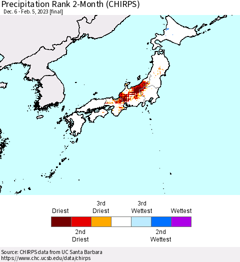 Japan Precipitation Rank since 1981, 2-Month (CHIRPS) Thematic Map For 12/6/2022 - 2/5/2023