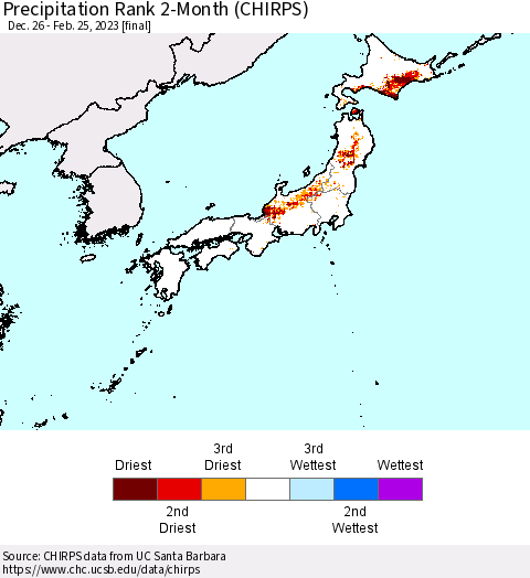 Japan Precipitation Rank since 1981, 2-Month (CHIRPS) Thematic Map For 12/26/2022 - 2/25/2023