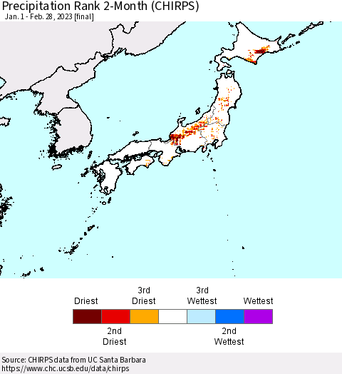 Japan Precipitation Rank since 1981, 2-Month (CHIRPS) Thematic Map For 1/1/2023 - 2/28/2023