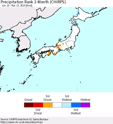 Japan Precipitation Rank since 1981, 2-Month (CHIRPS) Thematic Map For 1/16/2023 - 3/15/2023