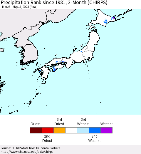Japan Precipitation Rank since 1981, 2-Month (CHIRPS) Thematic Map For 3/6/2023 - 5/5/2023