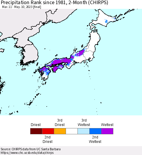 Japan Precipitation Rank since 1981, 2-Month (CHIRPS) Thematic Map For 3/11/2023 - 5/10/2023