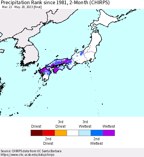 Japan Precipitation Rank since 1981, 2-Month (CHIRPS) Thematic Map For 3/21/2023 - 5/20/2023