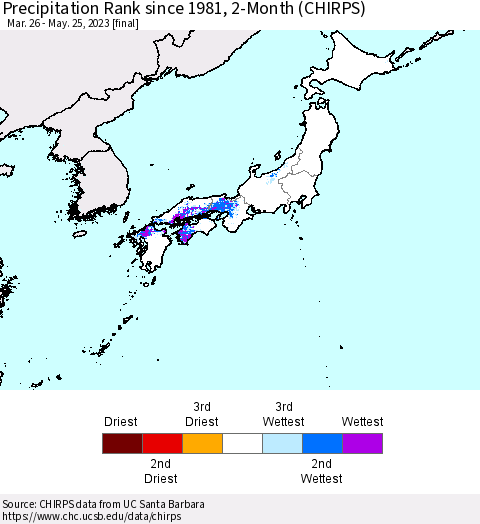 Japan Precipitation Rank since 1981, 2-Month (CHIRPS) Thematic Map For 3/26/2023 - 5/25/2023
