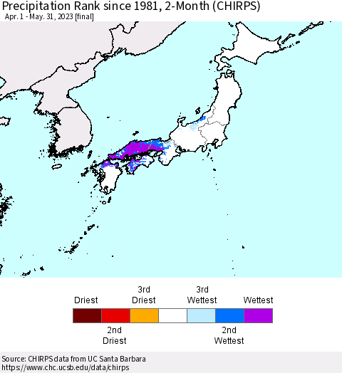 Japan Precipitation Rank since 1981, 2-Month (CHIRPS) Thematic Map For 4/1/2023 - 5/31/2023