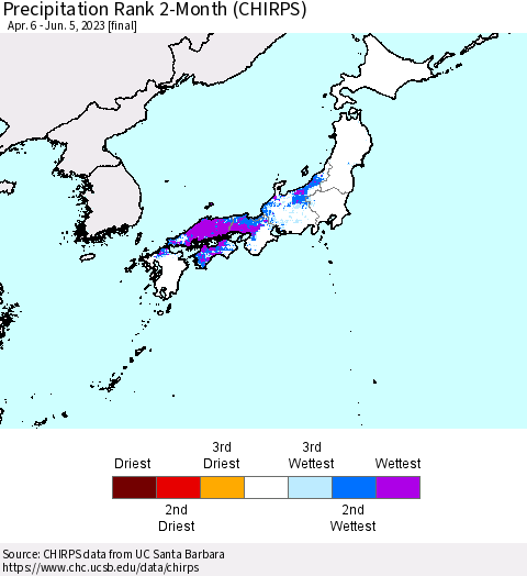 Japan Precipitation Rank since 1981, 2-Month (CHIRPS) Thematic Map For 4/6/2023 - 6/5/2023