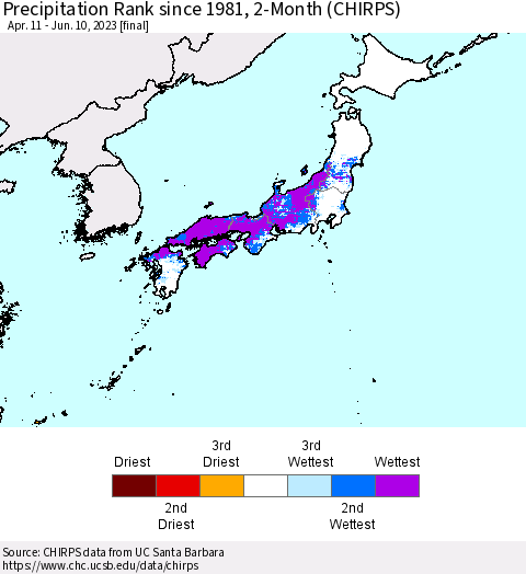 Japan Precipitation Rank since 1981, 2-Month (CHIRPS) Thematic Map For 4/11/2023 - 6/10/2023