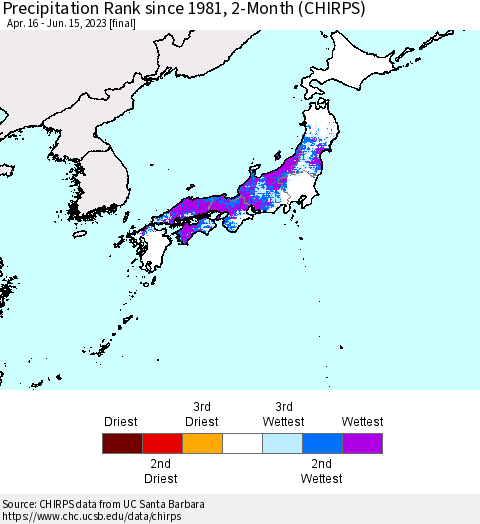 Japan Precipitation Rank since 1981, 2-Month (CHIRPS) Thematic Map For 4/16/2023 - 6/15/2023