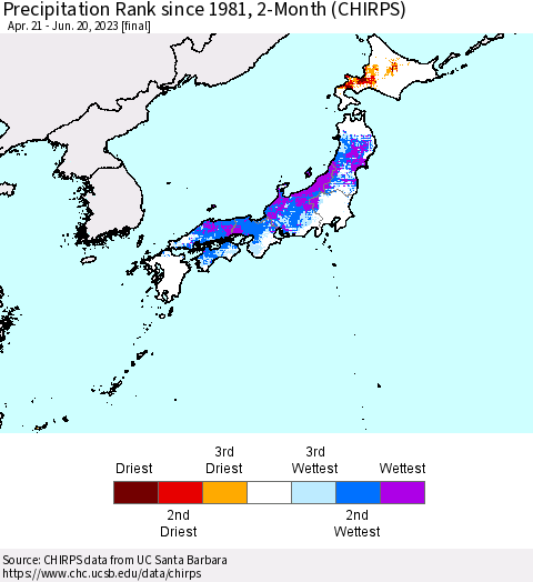 Japan Precipitation Rank since 1981, 2-Month (CHIRPS) Thematic Map For 4/21/2023 - 6/20/2023