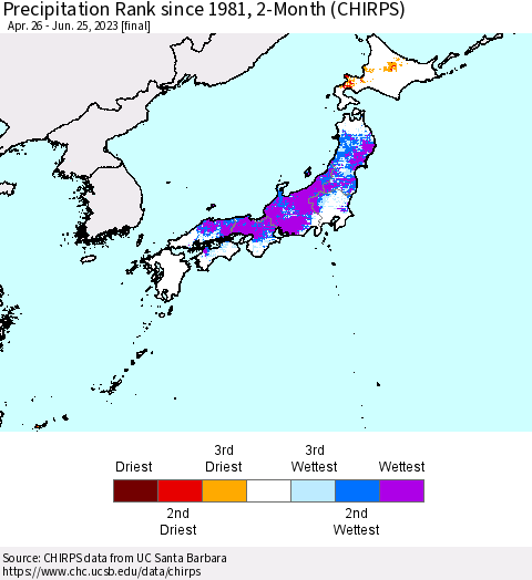 Japan Precipitation Rank since 1981, 2-Month (CHIRPS) Thematic Map For 4/26/2023 - 6/25/2023