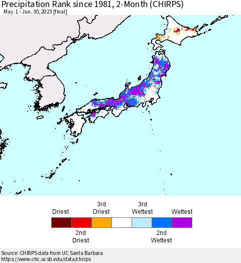 Japan Precipitation Rank since 1981, 2-Month (CHIRPS) Thematic Map For 5/1/2023 - 6/30/2023