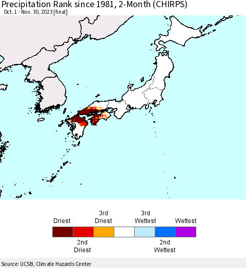 Japan Precipitation Rank since 1981, 2-Month (CHIRPS) Thematic Map For 10/1/2023 - 11/30/2023