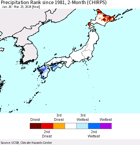 Japan Precipitation Rank since 1981, 2-Month (CHIRPS) Thematic Map For 1/26/2024 - 3/25/2024
