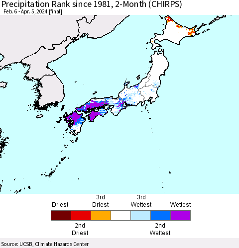 Japan Precipitation Rank since 1981, 2-Month (CHIRPS) Thematic Map For 2/6/2024 - 4/5/2024
