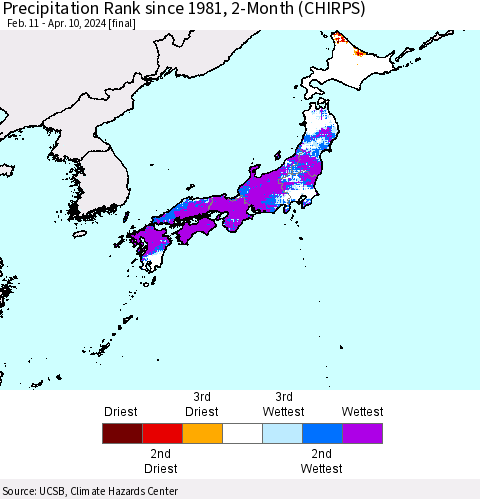 Japan Precipitation Rank since 1981, 2-Month (CHIRPS) Thematic Map For 2/11/2024 - 4/10/2024