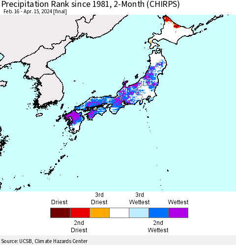 Japan Precipitation Rank since 1981, 2-Month (CHIRPS) Thematic Map For 2/16/2024 - 4/15/2024