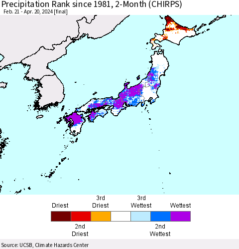 Japan Precipitation Rank since 1981, 2-Month (CHIRPS) Thematic Map For 2/21/2024 - 4/20/2024