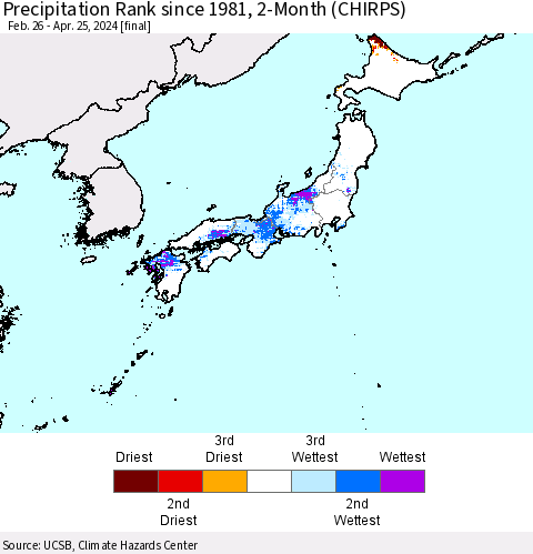 Japan Precipitation Rank since 1981, 2-Month (CHIRPS) Thematic Map For 2/26/2024 - 4/25/2024
