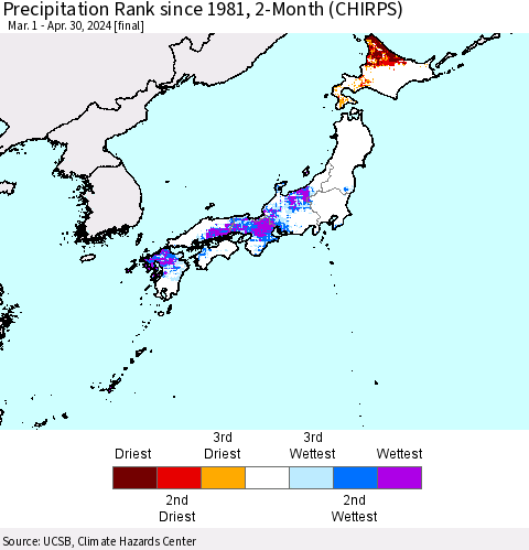 Japan Precipitation Rank since 1981, 2-Month (CHIRPS) Thematic Map For 3/1/2024 - 4/30/2024