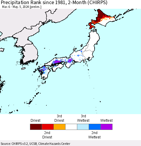 Japan Precipitation Rank since 1981, 2-Month (CHIRPS) Thematic Map For 3/6/2024 - 5/5/2024