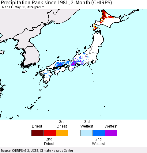Japan Precipitation Rank since 1981, 2-Month (CHIRPS) Thematic Map For 3/11/2024 - 5/10/2024