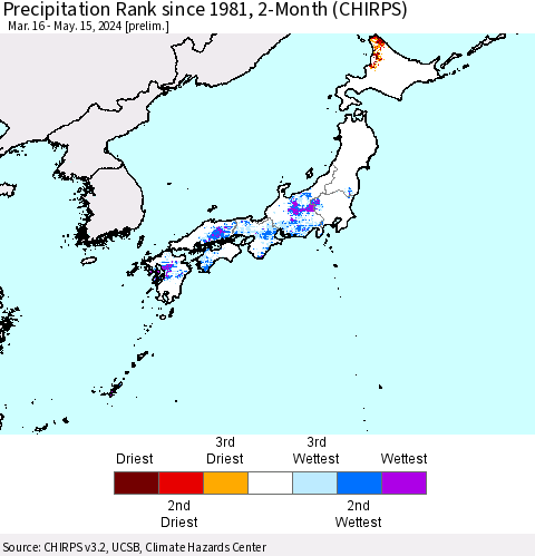 Japan Precipitation Rank since 1981, 2-Month (CHIRPS) Thematic Map For 3/16/2024 - 5/15/2024