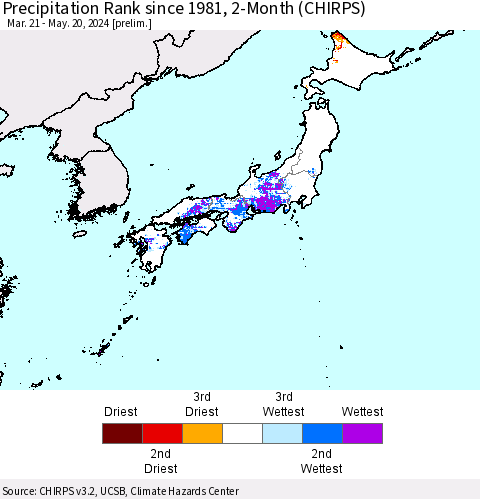 Japan Precipitation Rank since 1981, 2-Month (CHIRPS) Thematic Map For 3/21/2024 - 5/20/2024