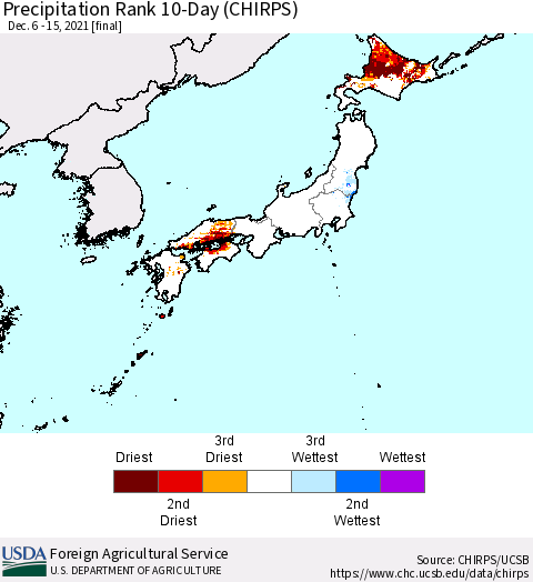 Japan Precipitation Rank since 1981, 10-Day (CHIRPS) Thematic Map For 12/6/2021 - 12/15/2021